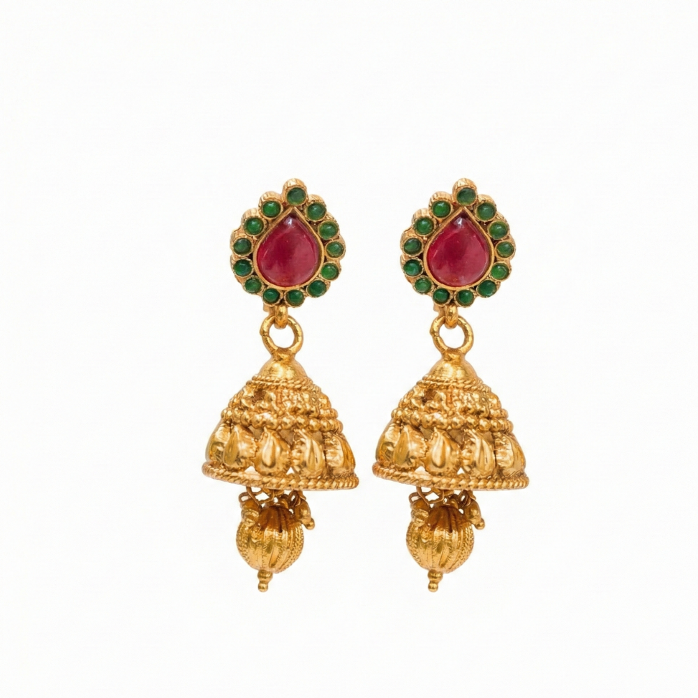 Red Thilak with Green Stones Jhumka with Hanging Beads