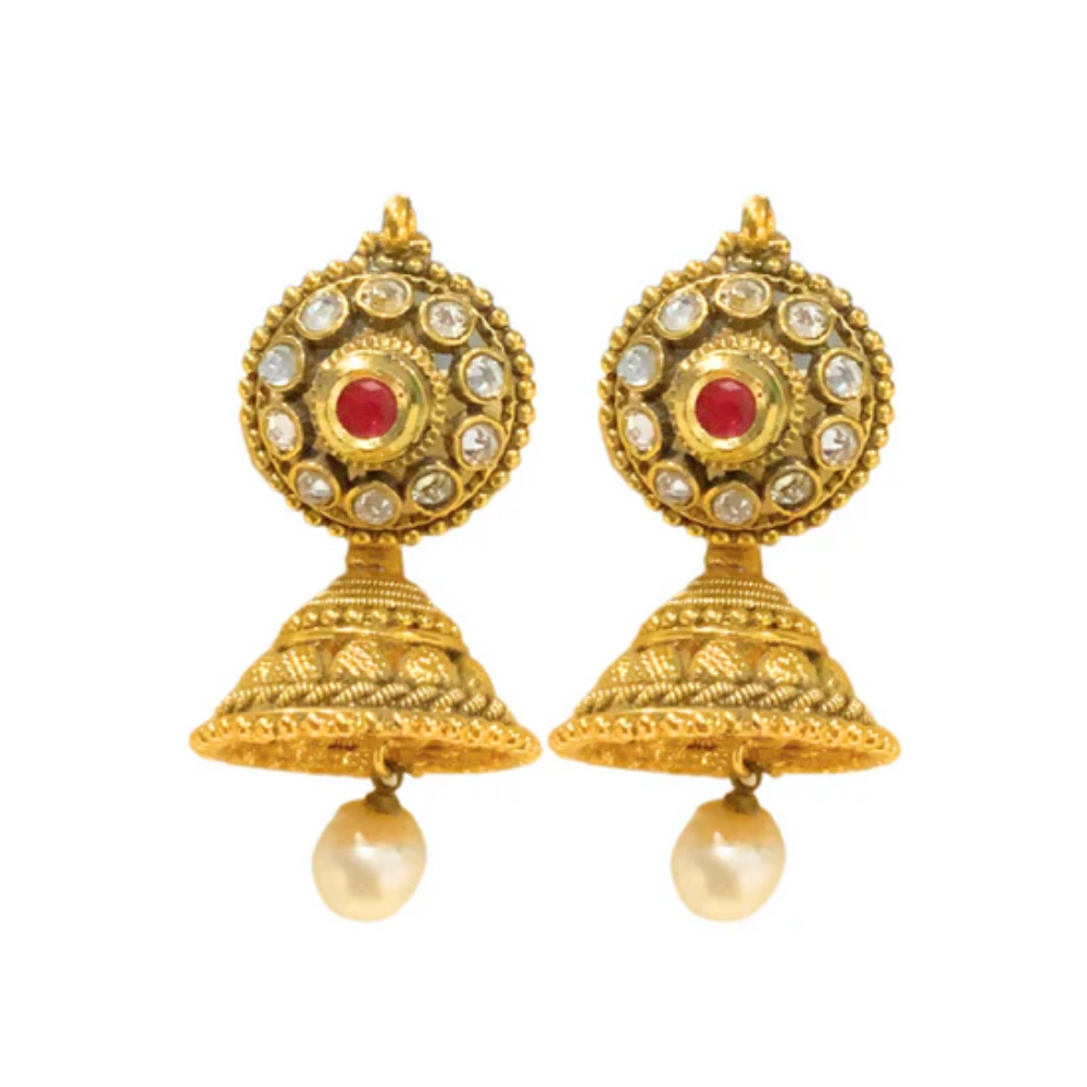 Kundan Stud Red Stone Jhumka with Pearls