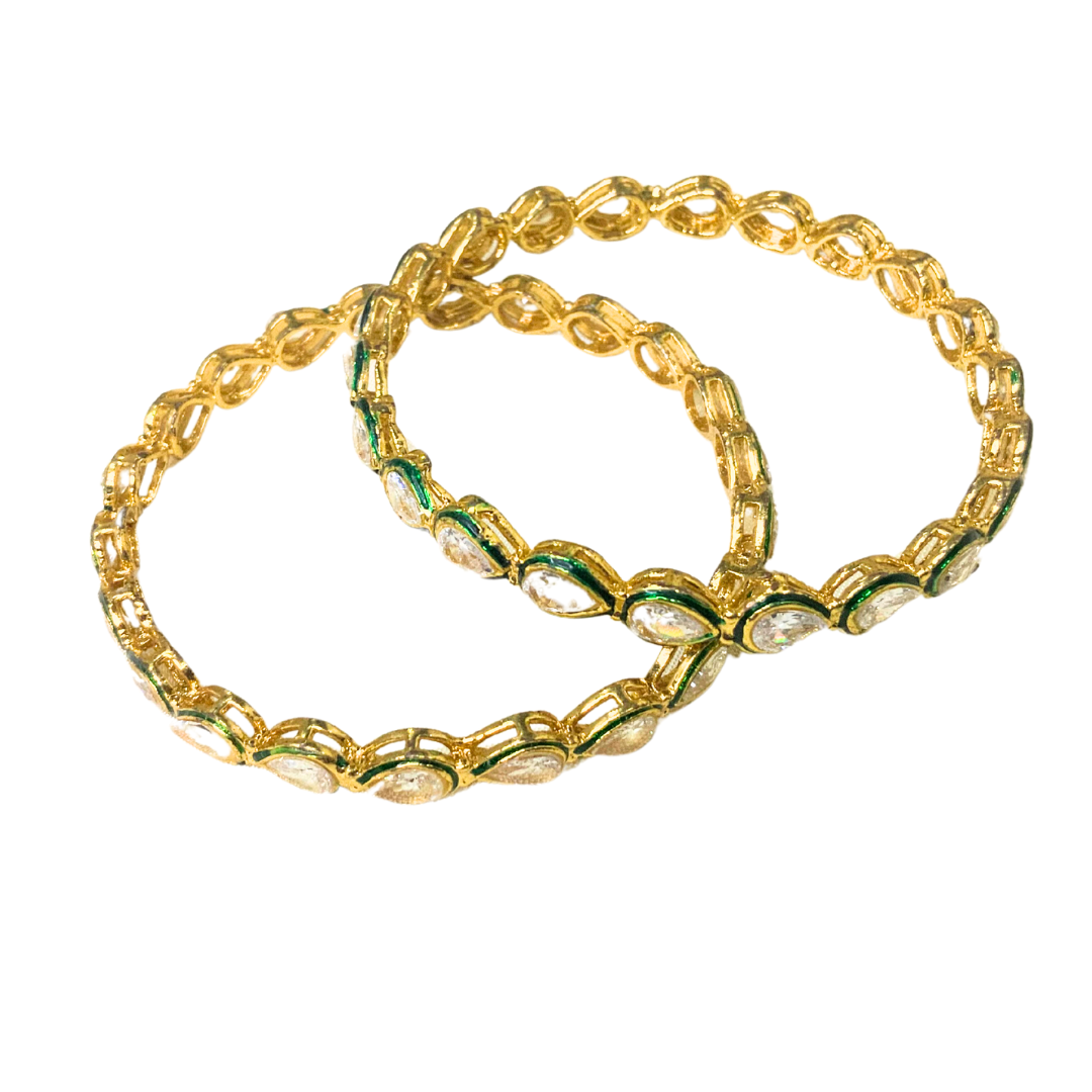 Gold Plated Pearl Bangles With White & Green Stones