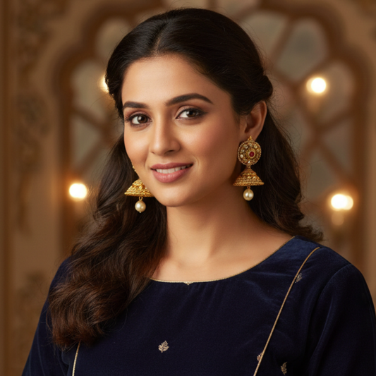 Kundan Stud Red Stone Jhumka with Pearls