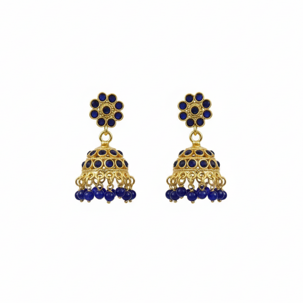 Gold Plated Jhumka with Blue Stones and Blue Beads