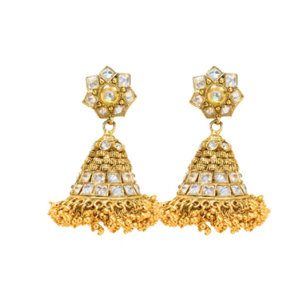 Kundan Stones Jhumka with Hanging Golden Beads