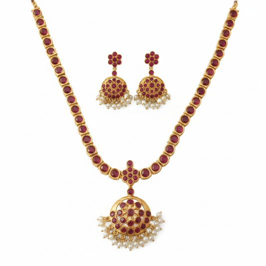 Gold Plated Necklace With Pink Stone And Pearls