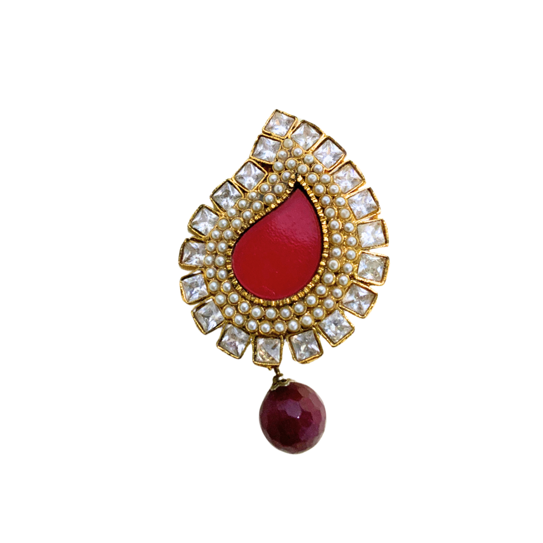 Gold Plated Saree Pin Manga Design Red With White
