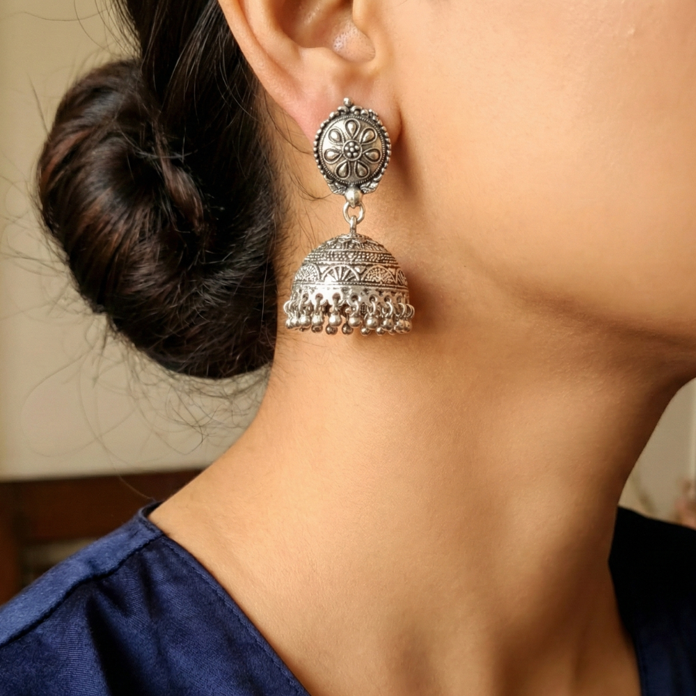 Oxidised Silver Casualwear Jhumkas with Hanging Beads