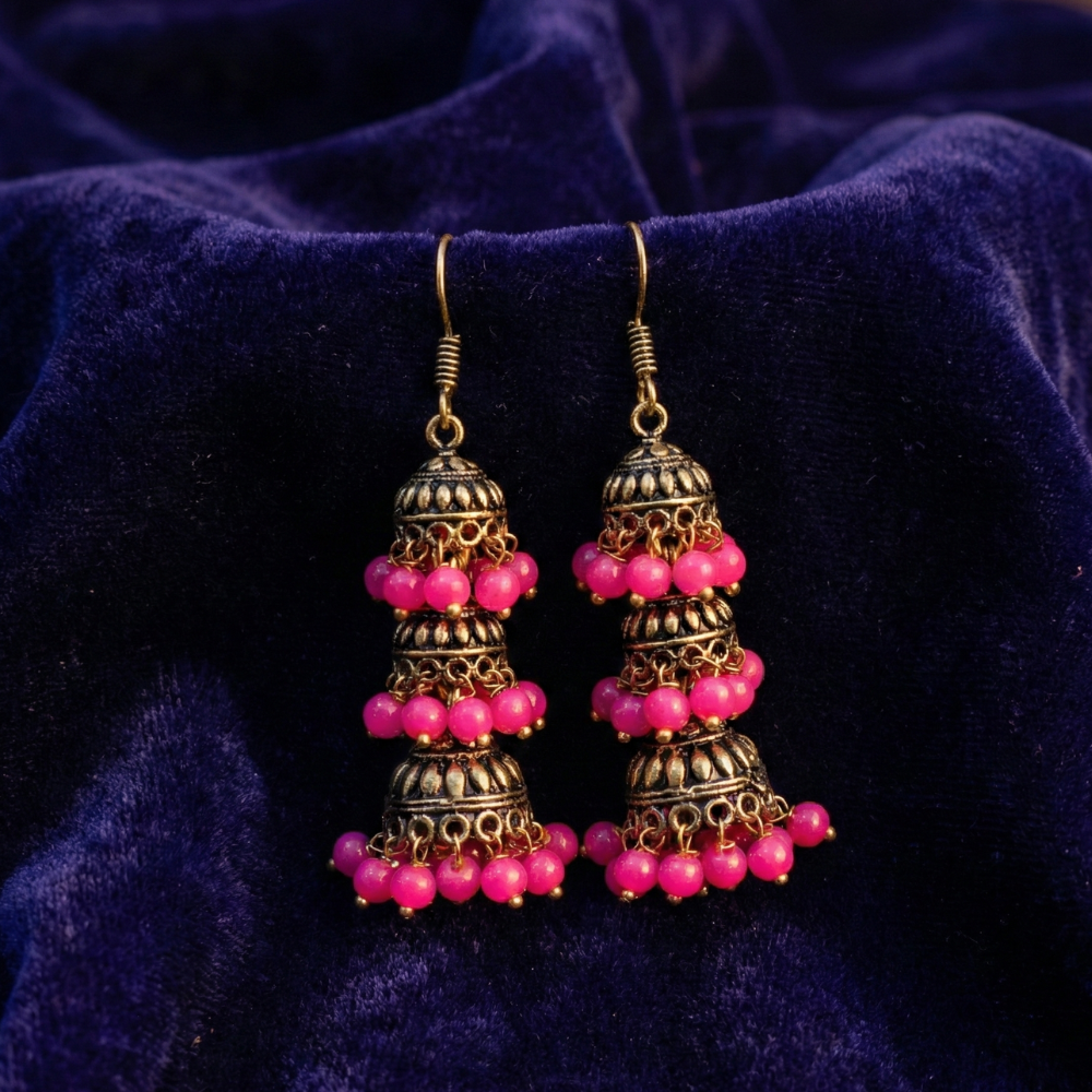 Oxidised Three Layer Pink Hanging Jhumkas