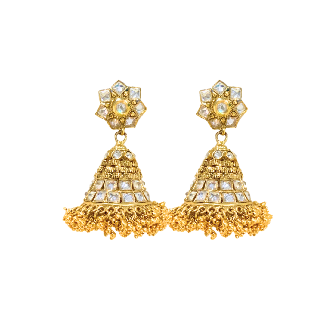 Gold plated jhumka with white stone and spring design