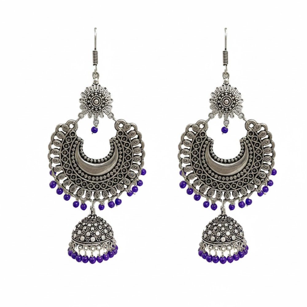 Oxidised Big Round Chandbali Pattern Jhumkas with Beads