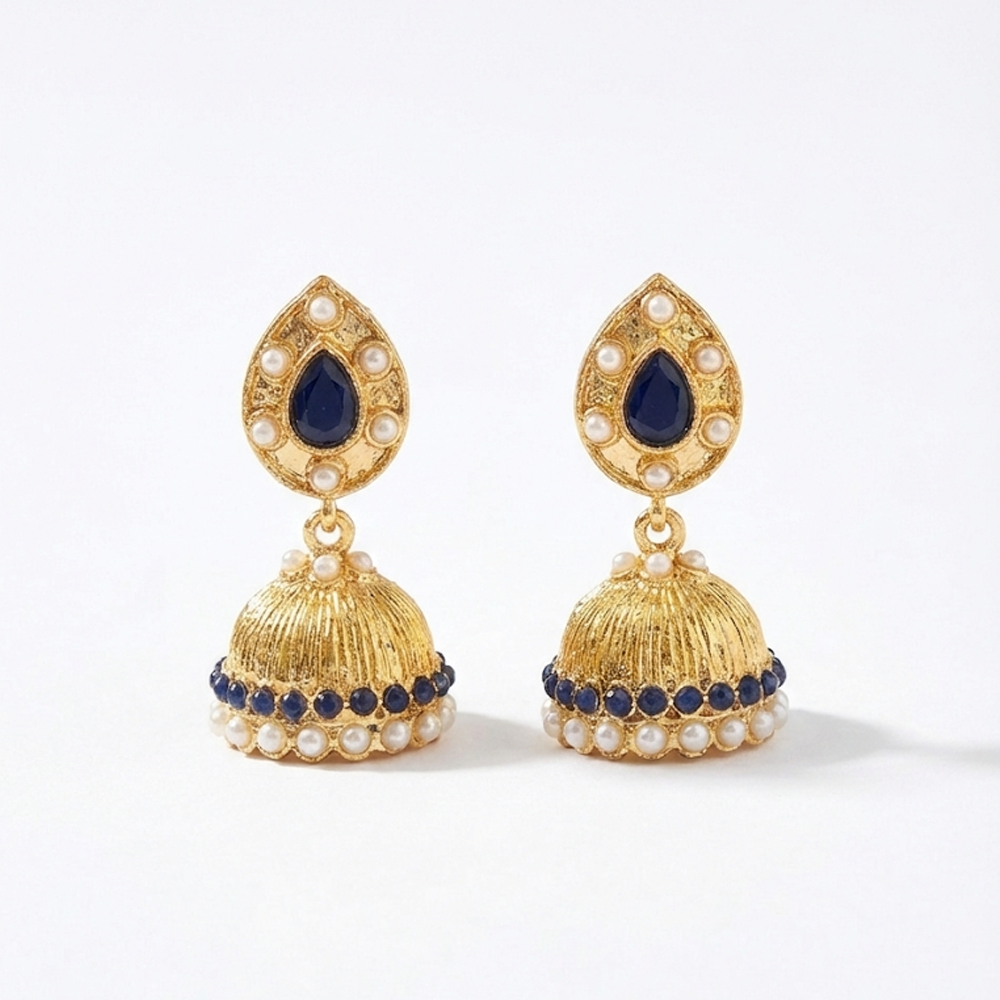 Black Stone Antique Jhumka with Hanging Pearls