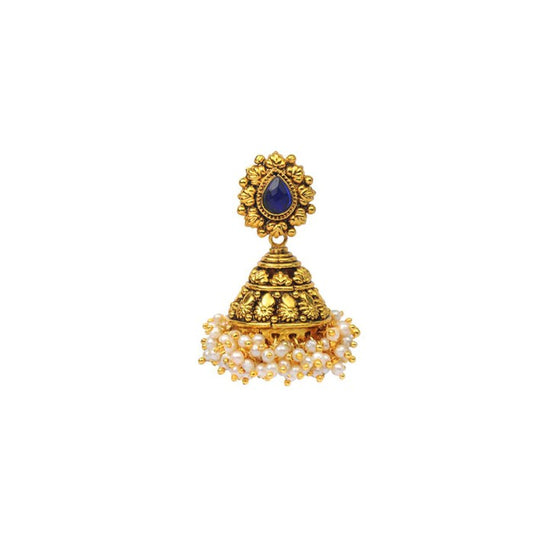 Golden Jhumka With Blue Stone And Small White Pearls