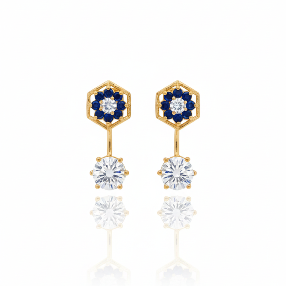 Blue Flower Studs with Hanging Stone
