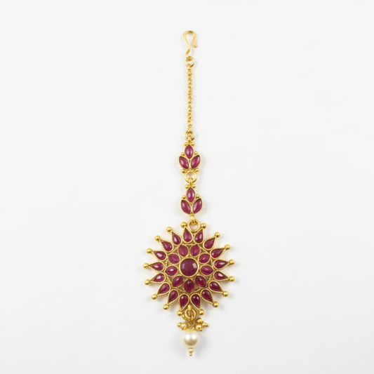 Gold Plated Maang Tikka with Kemp Red Stones