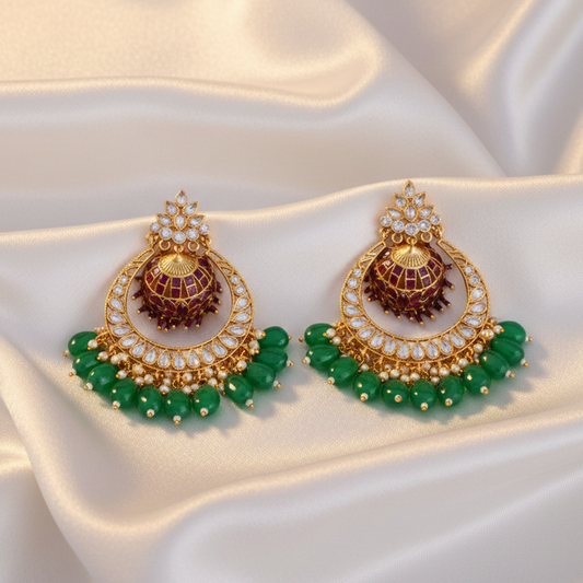 Jhumka Chandbali with White, Red Stones & Green Beads