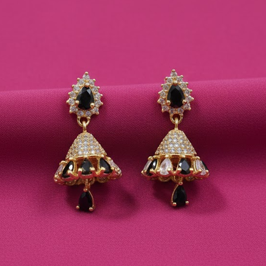White & Black Stones Jhumka with Hanging Black Bead