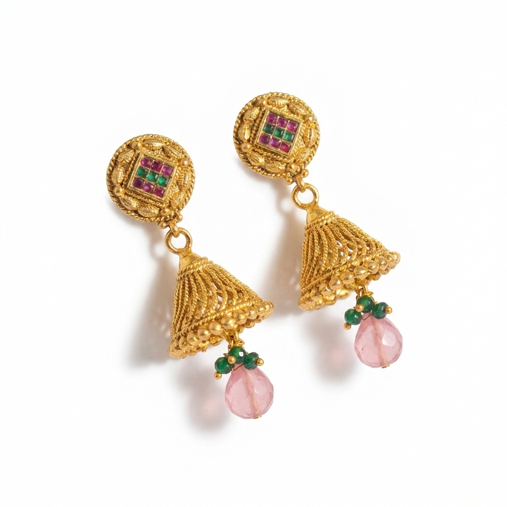 Gold Plated Jhumka With Diamond Red & Green Stone