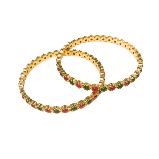 GOLD PLATED KEMP BANGLES WITH ROUND OVAL RED AND GREEN STONES