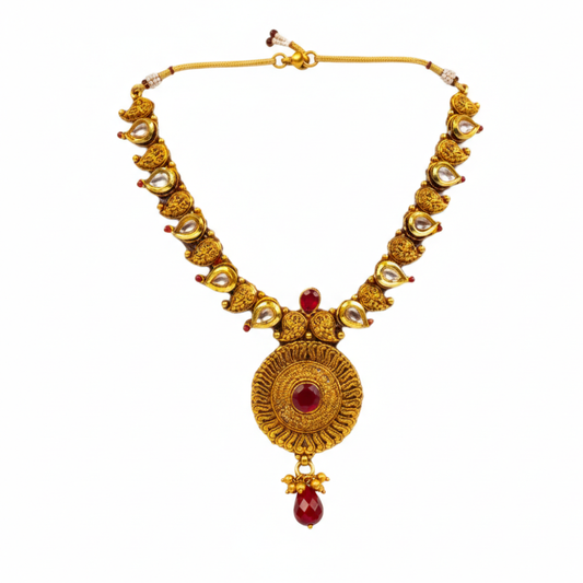 Round Thilak Red Stone Necklace With Kundan Stones