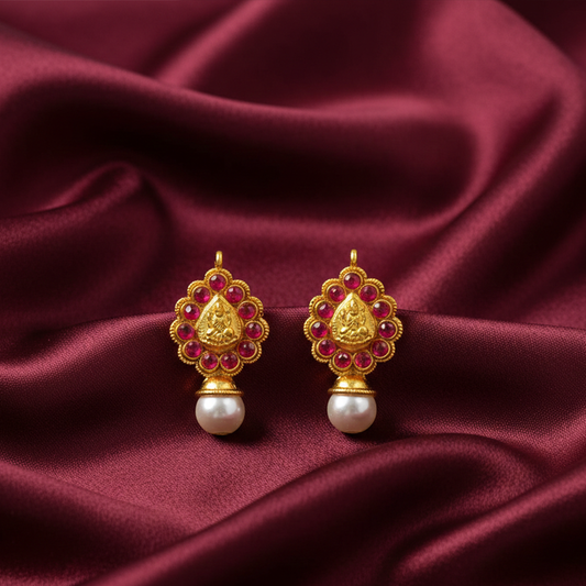 Golden Lakshmi Studs With Red Stones & White Pearls