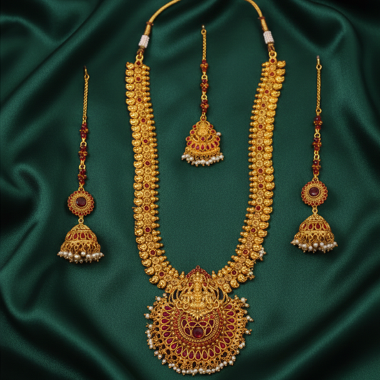 Wedding Necklace Set With Lakshmi - Red Stones & White Pearls