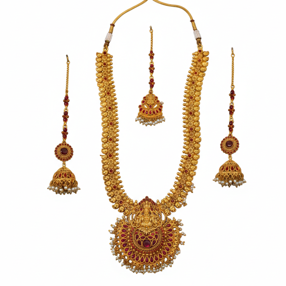 Wedding Necklace Set With Lakshmi - Red Stones & White Pearls