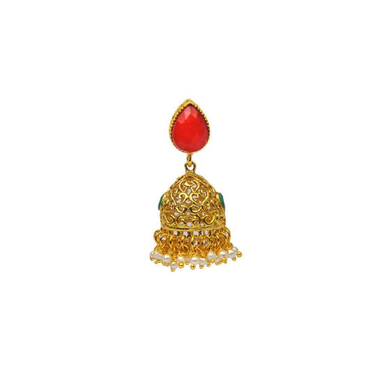 Golden Jhumka With Big Red Stone & White Pearls