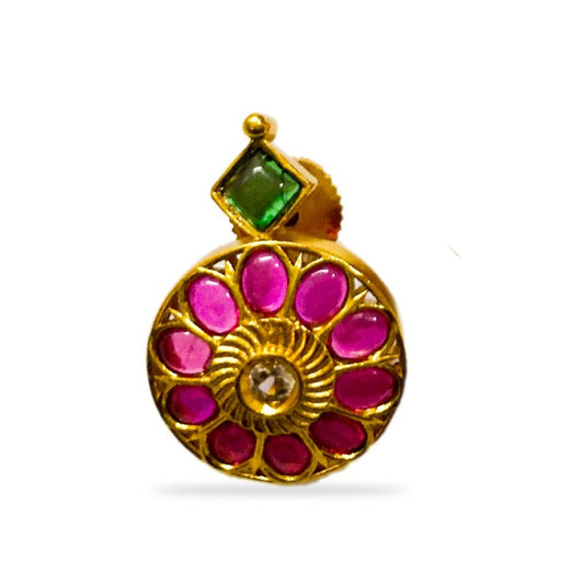 Gold Plated Stud With Green Diamond And Red Flower