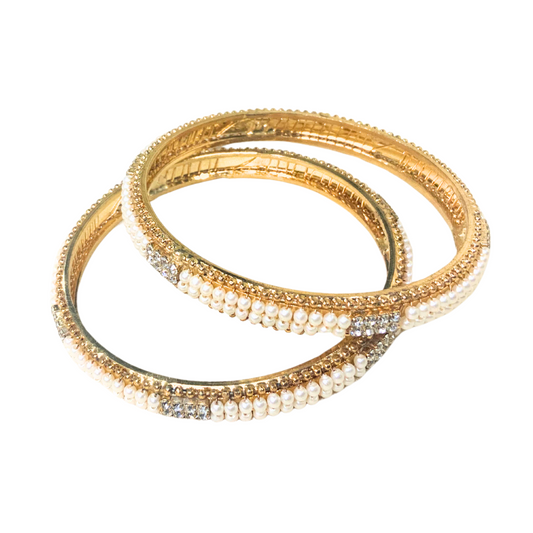 Gold Plated Pearl Bangles With White Stones