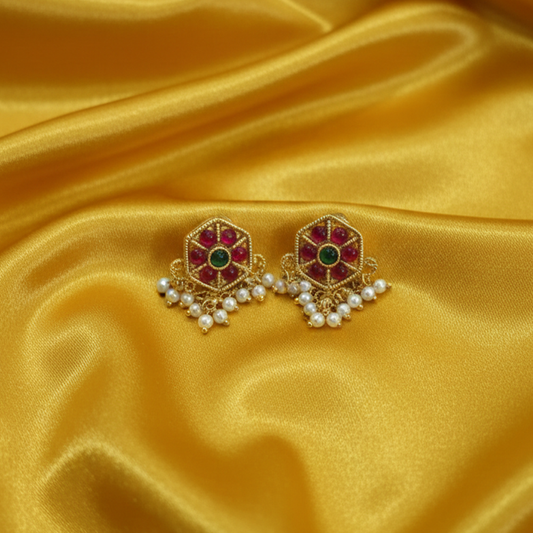 Red & Gren Stone Circle Studs with Hanging Pearls