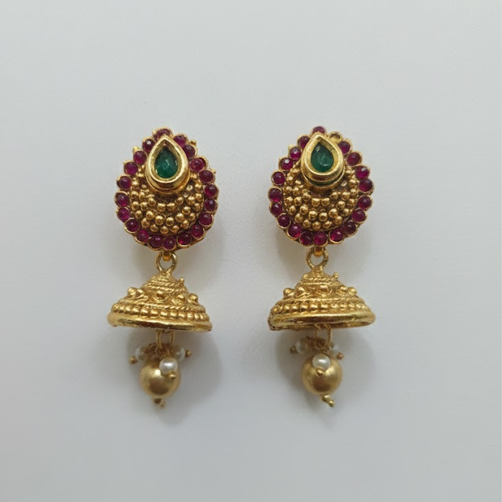 Leaf Stud Red & Green Stone Gold Plated Jhumka