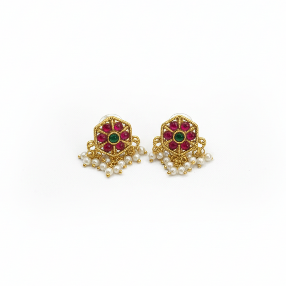 Red & Gren Stone Circle Studs with Hanging Pearls