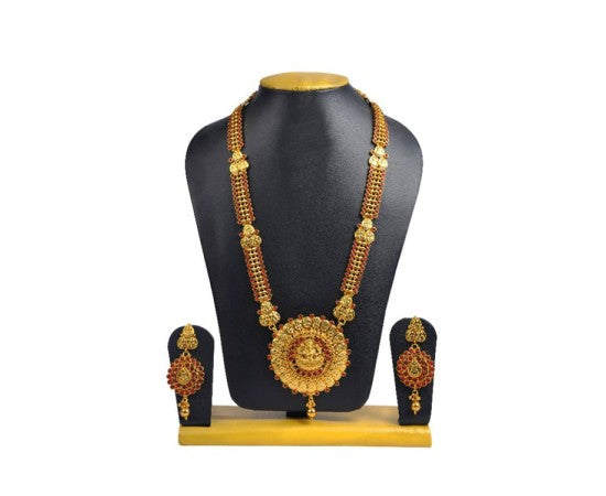 Gold Plated Long Haaram With Red Stones & Kaasu Design