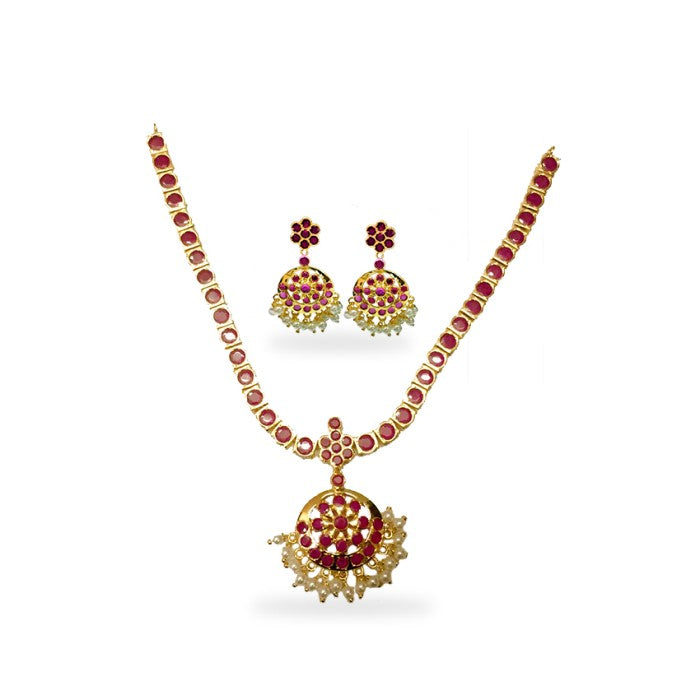 Gold Plated Necklace With Pink Stone And Pearls
