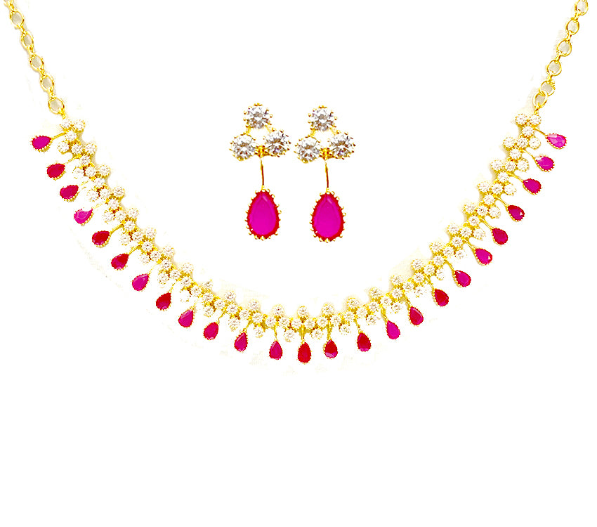Gold Plated Necklace With White & Pink Stones