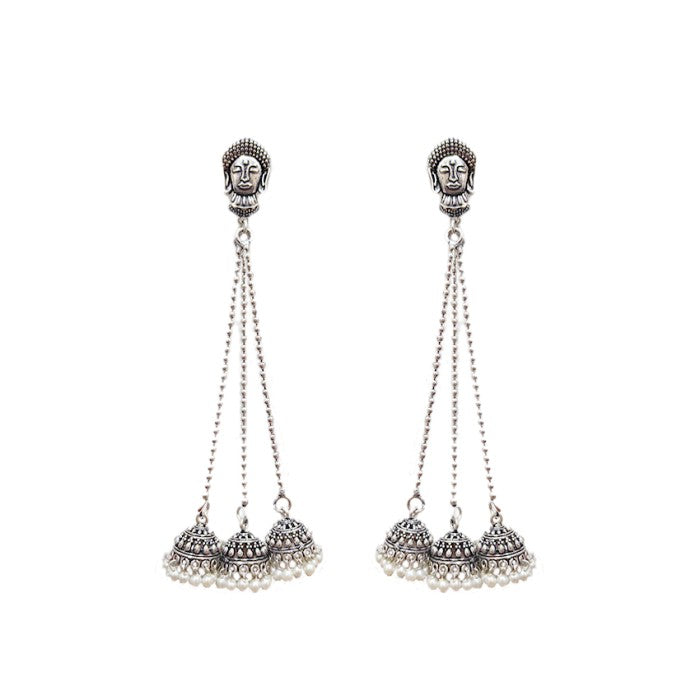 Oxidised chained Jhumka hanging with pearls
