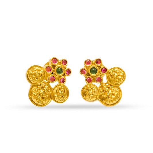 Gold Plated Stud With Pink Green Stone And Kaasu Design