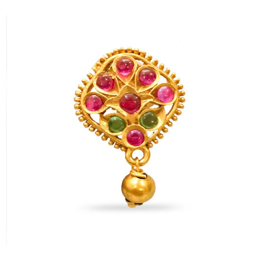 Gold Plated Stud With Green Pink Stone And Small Bead