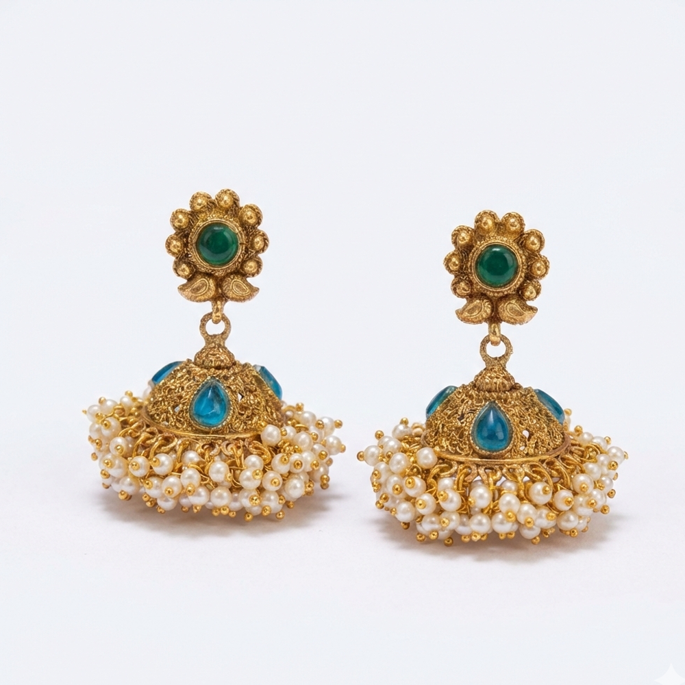 Jhumka with Blue Stones with White Pearls