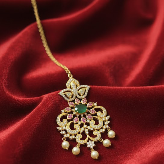 White Stones with Red & Green Maang Tikka