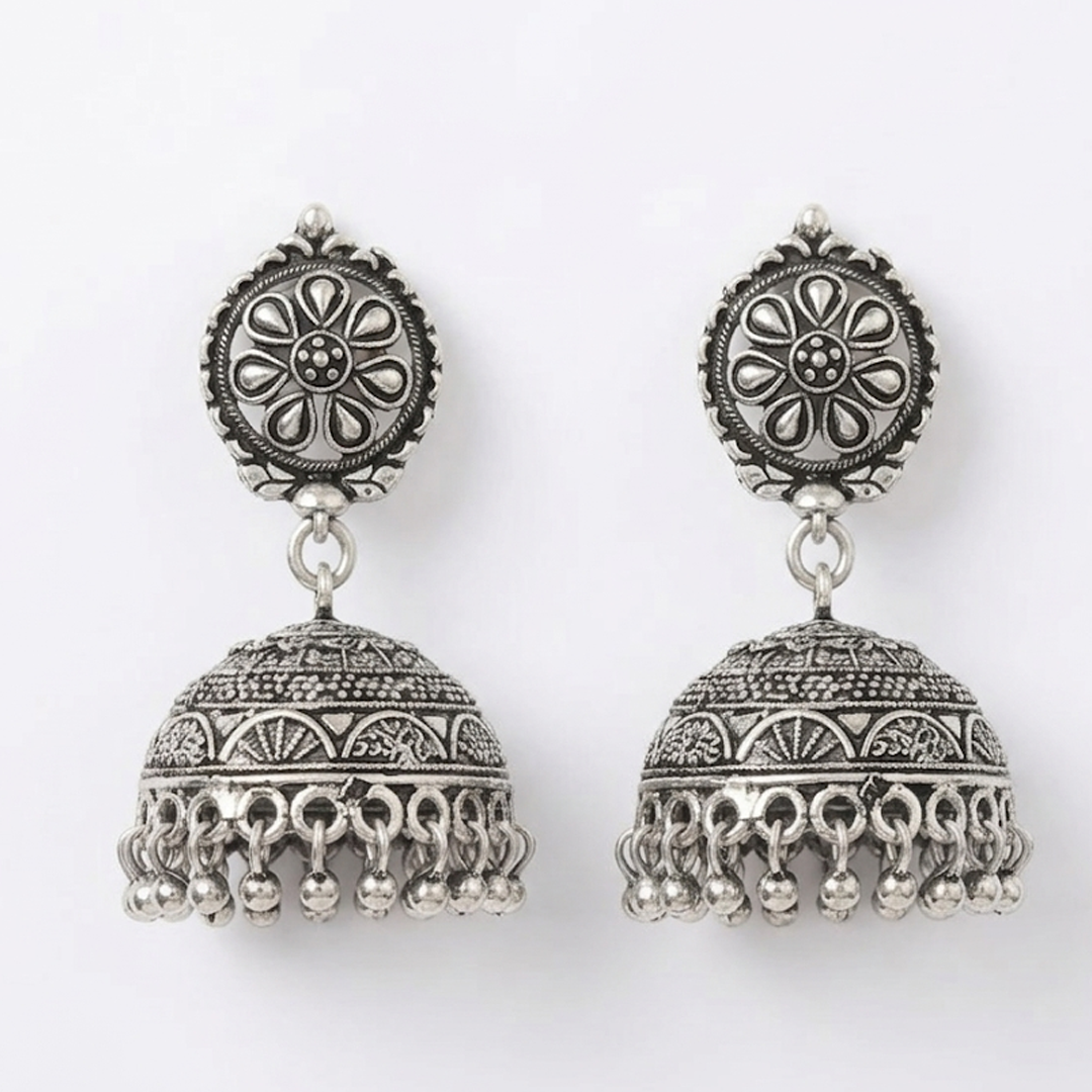 Casual Wear Oxidised Silver Jhumkas