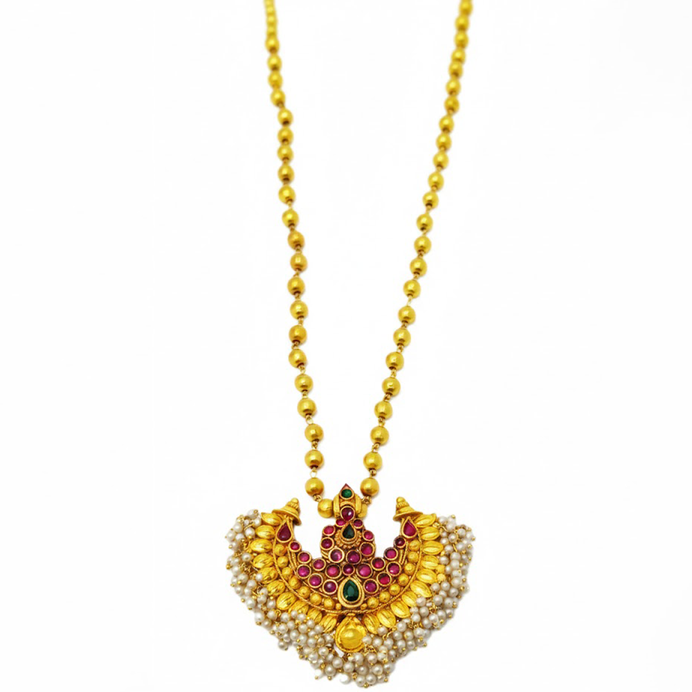 Half Moon Dollar Chain with Red Stones and Hanging Pearls