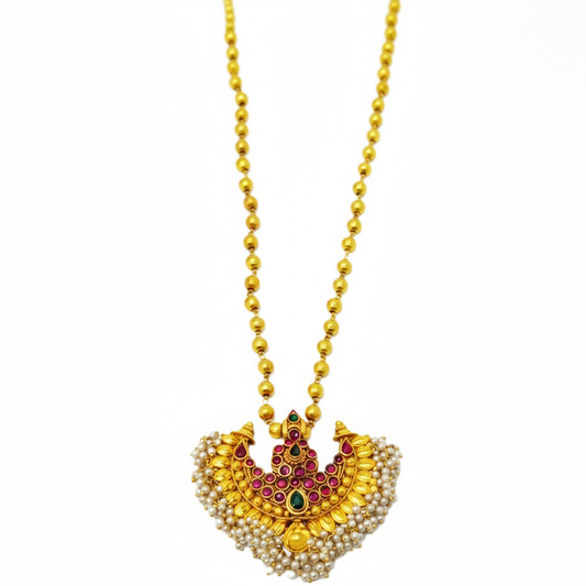 Half Moon Dollar Chain with Red Stones and Hanging Pearls