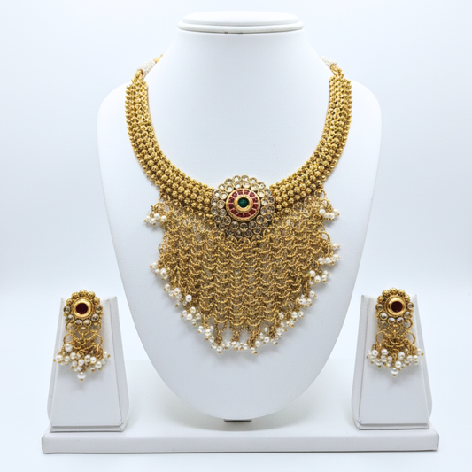 Grand Long Hanging Chain Choker with Multi Color Stones