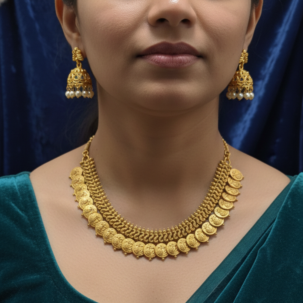 Grand Kaasu Maalai Necklace with a Cute Jhumki