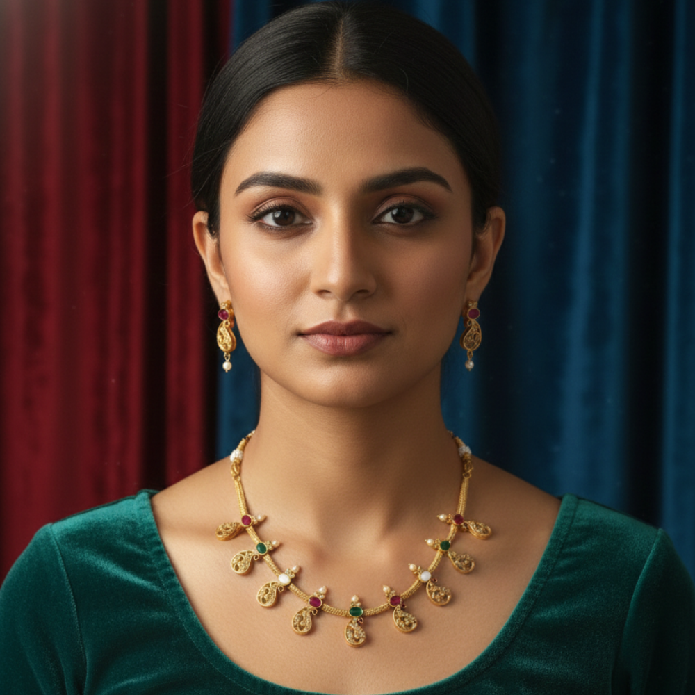 Manga Peacock Design Necklace with Multi Color Stones