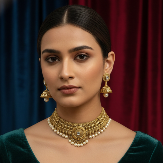 Gold Plated Choker Necklace With White Pearls