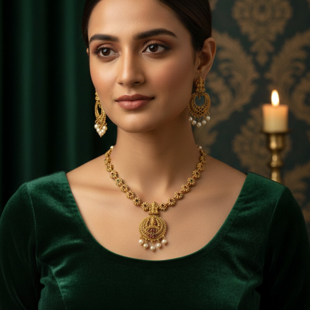 Small Flower And Pearls Necklace with Chandbali Earrings