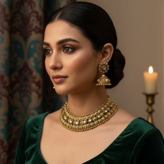 Choker Necklace With White Stone & Jhumka