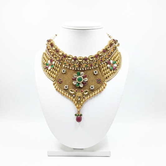 Gold Plated Choker Necklace With Peach Stones White