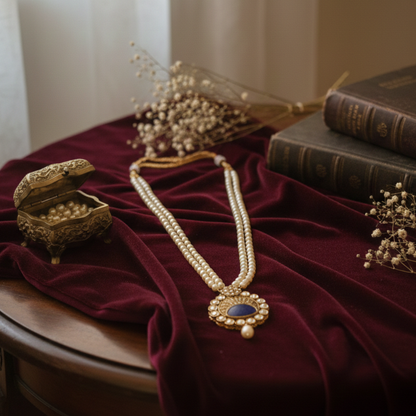Pearls with Blue Stone Pendant Chain Necklace