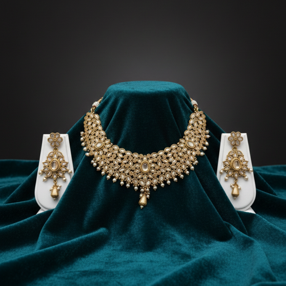 Choker Necklace With Peach Stones & White Pearls